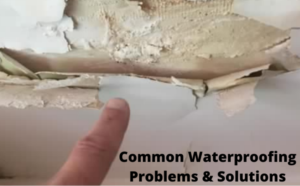 finger pointing to a wall with water damage with text "Common Waterproofing Problems & Solutions" at the bottom right